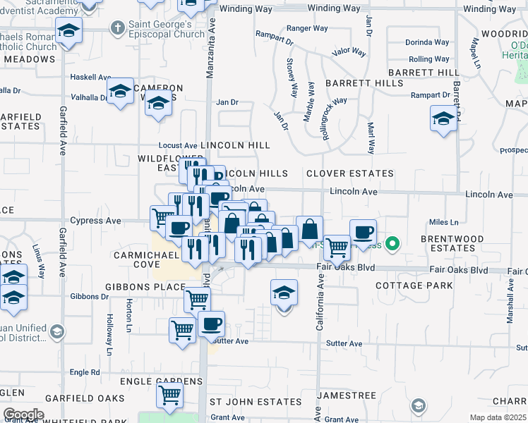 map of restaurants, bars, coffee shops, grocery stores, and more near 4144 Shera Lane in Carmichael