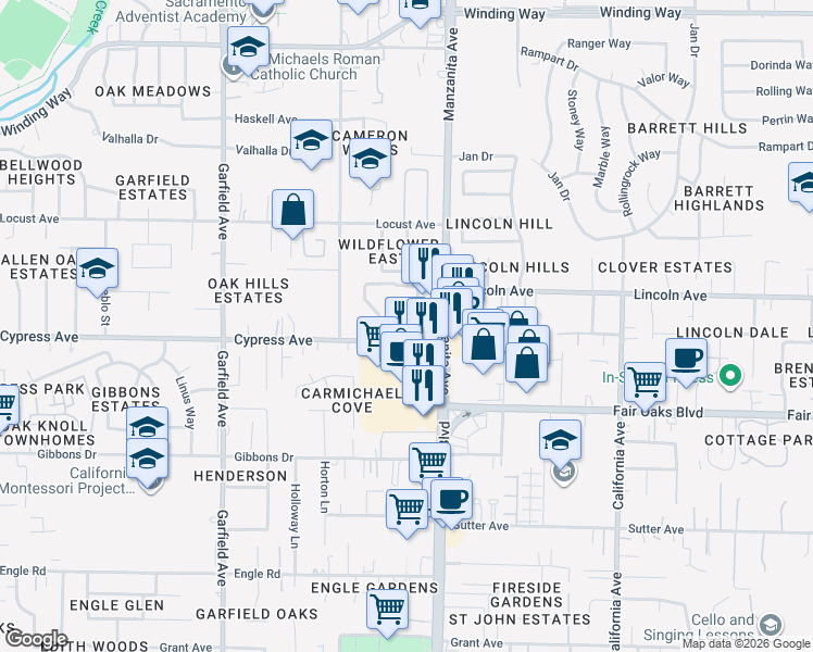 map of restaurants, bars, coffee shops, grocery stores, and more near 4141 Manzanita Avenue in Carmichael