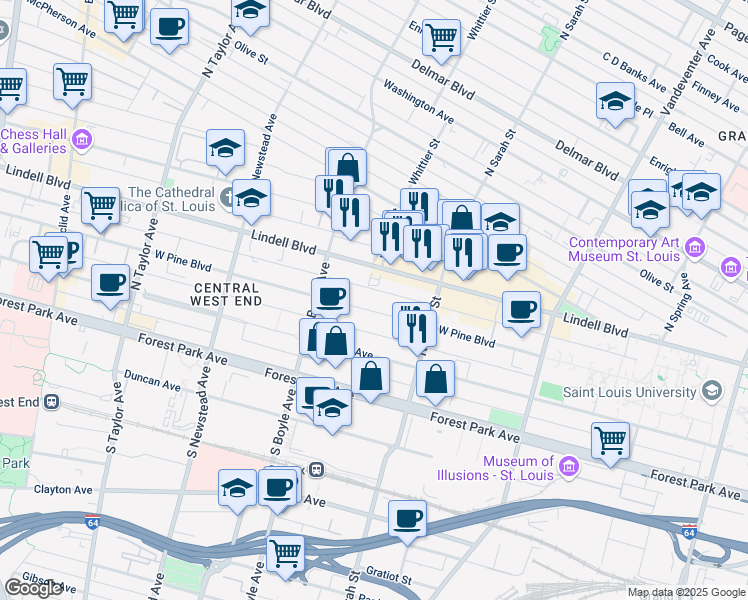 map of restaurants, bars, coffee shops, grocery stores, and more near 4218 Lindell Boulevard in St. Louis