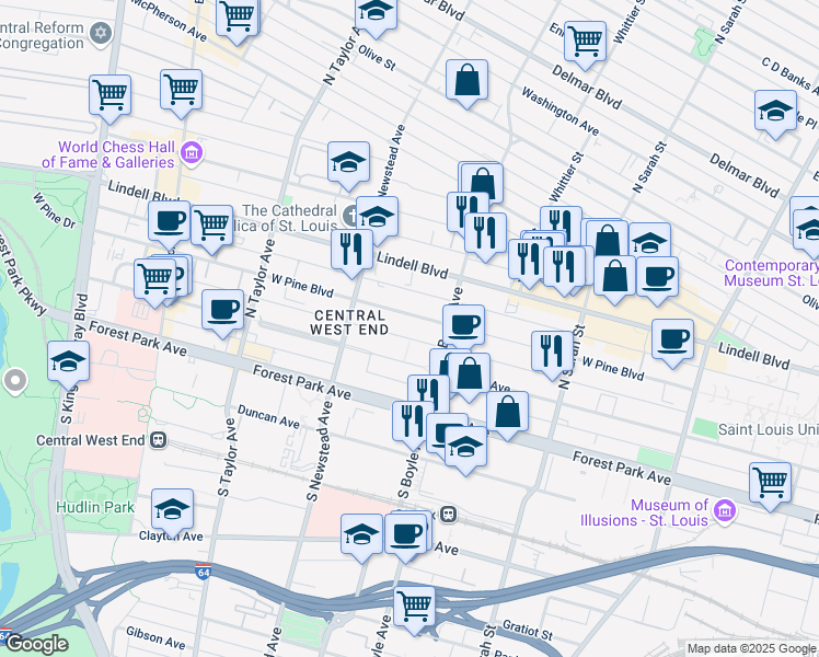 map of restaurants, bars, coffee shops, grocery stores, and more near 4335 West Pine Boulevard in St. Louis