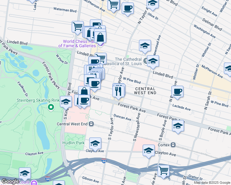 map of restaurants, bars, coffee shops, grocery stores, and more near in St. Louis