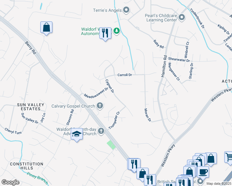 map of restaurants, bars, coffee shops, grocery stores, and more near 11678 Cygnet Drive in Waldorf