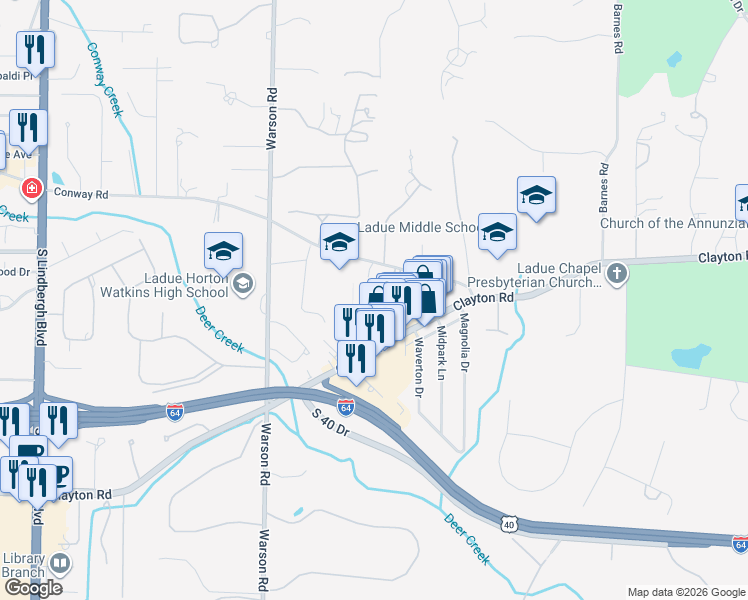 map of restaurants, bars, coffee shops, grocery stores, and more near 4 Glocca Mora Lane in St. Louis