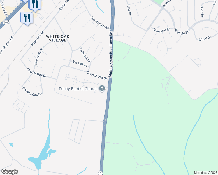 map of restaurants, bars, coffee shops, grocery stores, and more near Mattawoman Beantown Rd & Mirkwood Ln in Waldorf