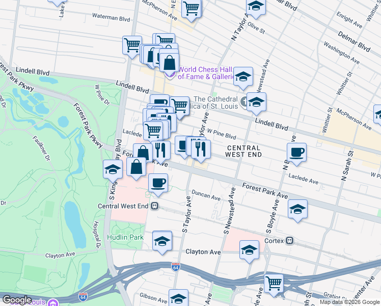 map of restaurants, bars, coffee shops, grocery stores, and more near 4504 Laclede Avenue in St. Louis