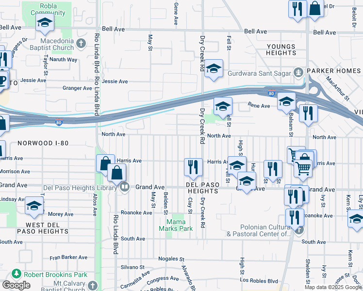 map of restaurants, bars, coffee shops, grocery stores, and more near 3941 Clay Street in Sacramento