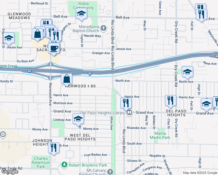 map of restaurants, bars, coffee shops, grocery stores, and more near 707 Display Way in Sacramento