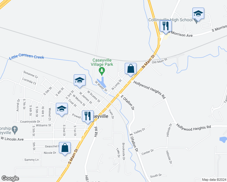 map of restaurants, bars, coffee shops, grocery stores, and more near 115 North Long Street in Caseyville