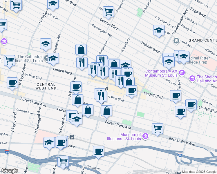 map of restaurants, bars, coffee shops, grocery stores, and more near 4111 Lindell Boulevard in St. Louis