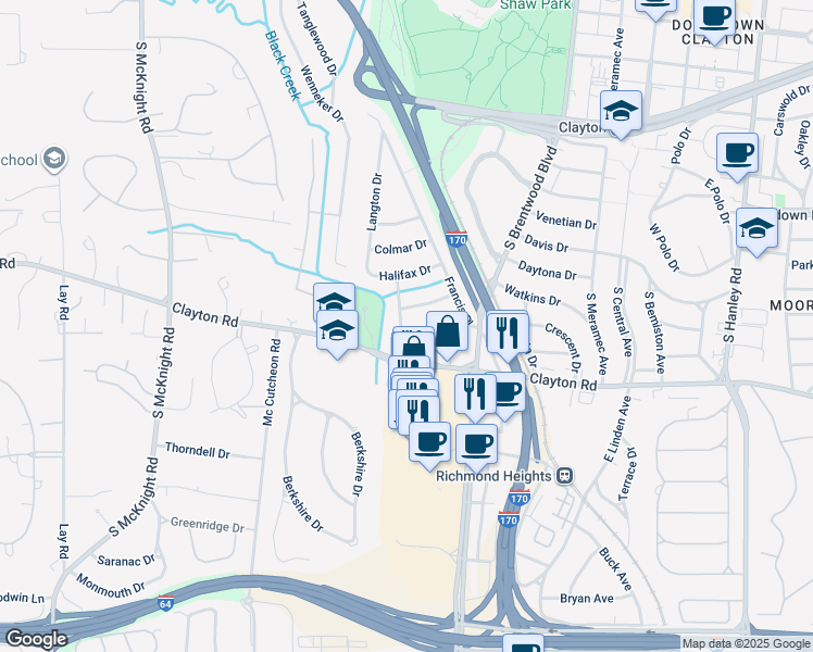 map of restaurants, bars, coffee shops, grocery stores, and more near 8130 Roxburgh Drive in Clayton