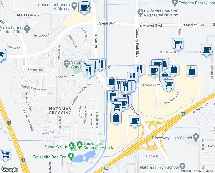 map of restaurants, bars, coffee shops, grocery stores, and more near Truxel Road in Sacramento