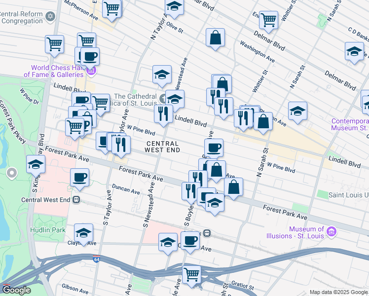 map of restaurants, bars, coffee shops, grocery stores, and more near 4364 West Pine Boulevard in St. Louis