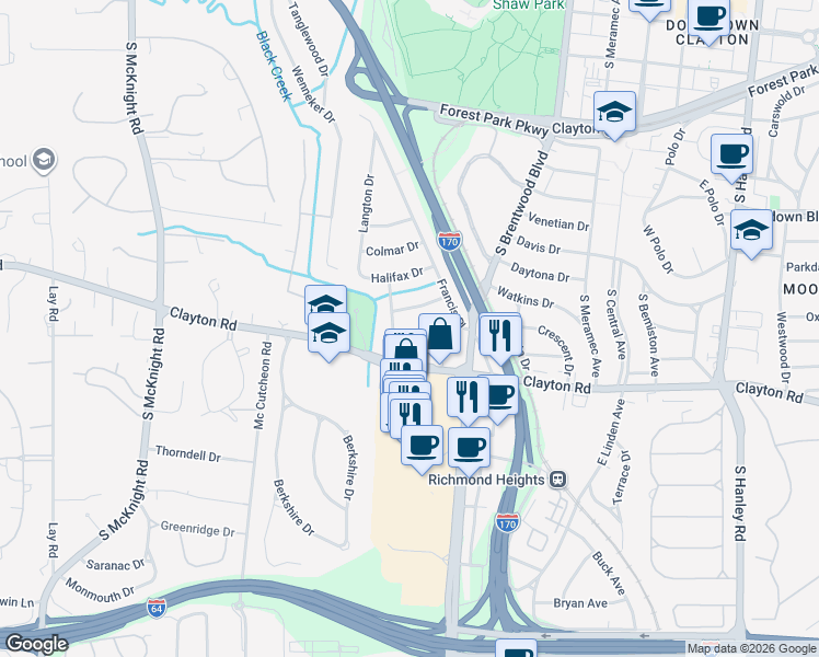 map of restaurants, bars, coffee shops, grocery stores, and more near 8161 Whitburn Drive in St. Louis