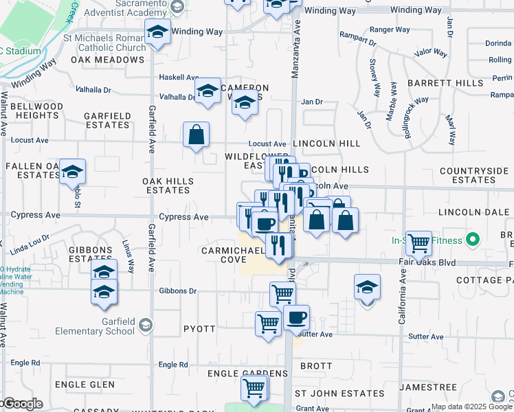 map of restaurants, bars, coffee shops, grocery stores, and more near 5757 Cypress Avenue in Carmichael