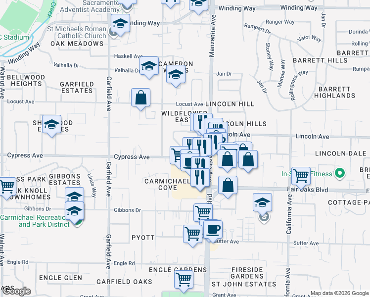 map of restaurants, bars, coffee shops, grocery stores, and more near 5757 Cypress Avenue in Carmichael