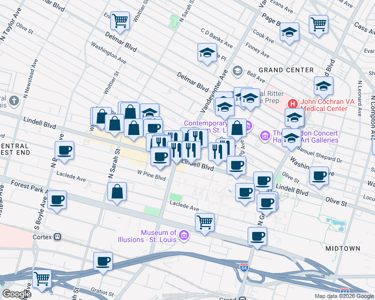 map of restaurants, bars, coffee shops, grocery stores, and more near 3858 Westminster Place in St. Louis