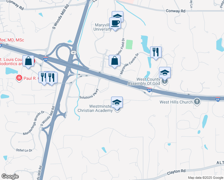 map of restaurants, bars, coffee shops, grocery stores, and more near 13590 South Outer Forty Road in Chesterfield