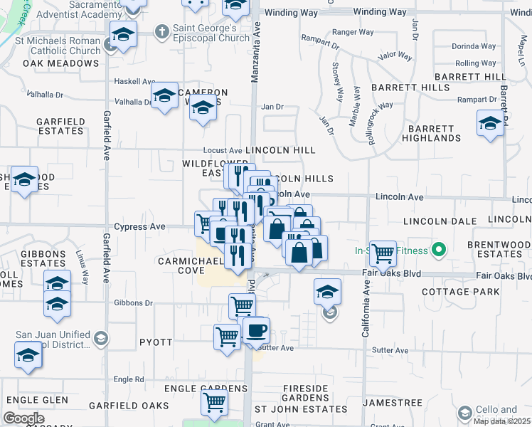 map of restaurants, bars, coffee shops, grocery stores, and more near 4126-4156 Manzanita Avenue in Carmichael