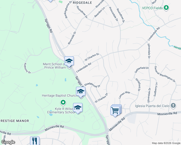 map of restaurants, bars, coffee shops, grocery stores, and more near 5653 Smallwood Court in Woodbridge