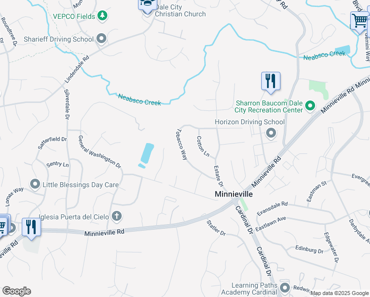 map of restaurants, bars, coffee shops, grocery stores, and more near 4868 Tobacco Way in Woodbridge