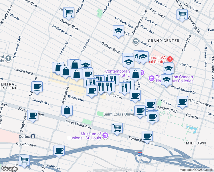 map of restaurants, bars, coffee shops, grocery stores, and more near 3858 Westminster Place in St. Louis