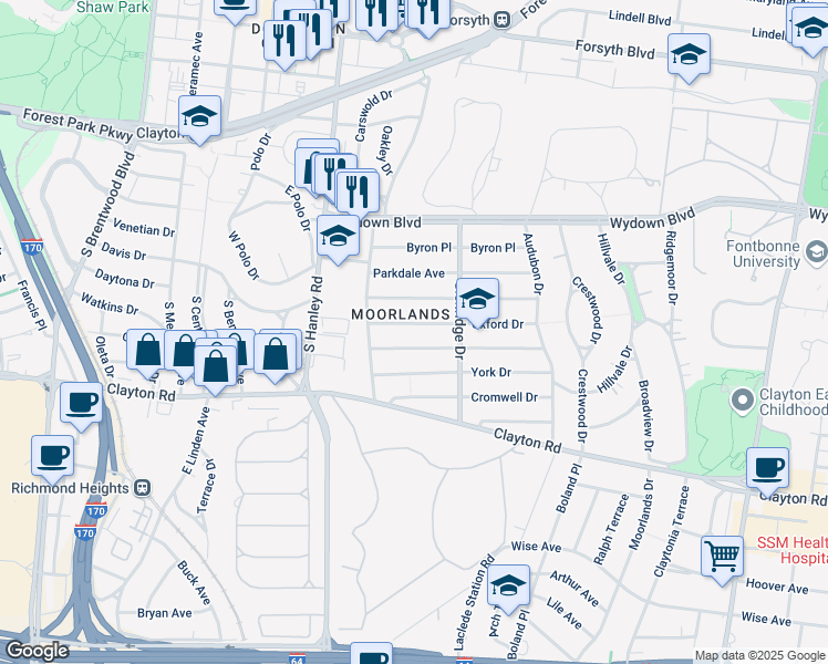 map of restaurants, bars, coffee shops, grocery stores, and more near in Clayton