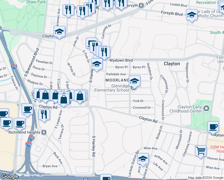 map of restaurants, bars, coffee shops, grocery stores, and more near 7569 Oxford Drive in Clayton