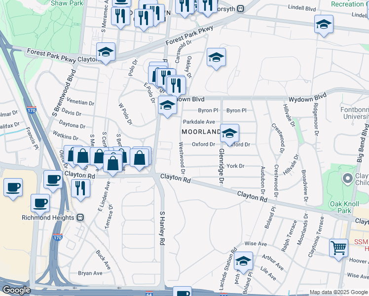 map of restaurants, bars, coffee shops, grocery stores, and more near 7569 Oxford Drive in Clayton