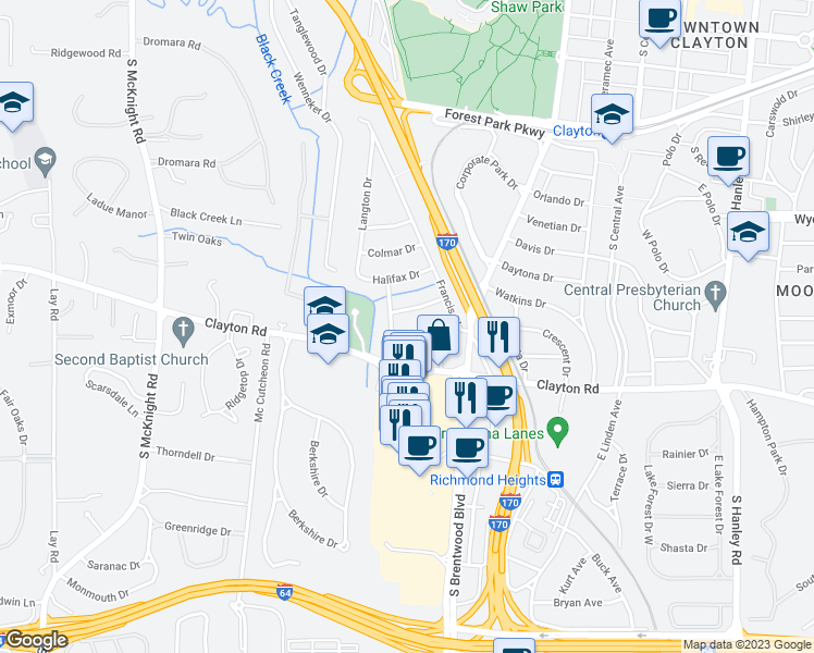 map of restaurants, bars, coffee shops, grocery stores, and more near 8130 Roxburgh Drive in Clayton
