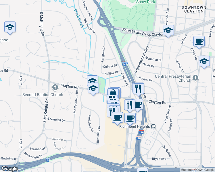 map of restaurants, bars, coffee shops, grocery stores, and more near 3 Haddington Court in Clayton