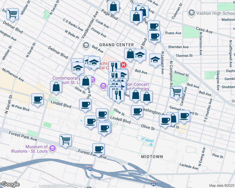 map of restaurants, bars, coffee shops, grocery stores, and more near 607 North Grand Boulevard in St. Louis