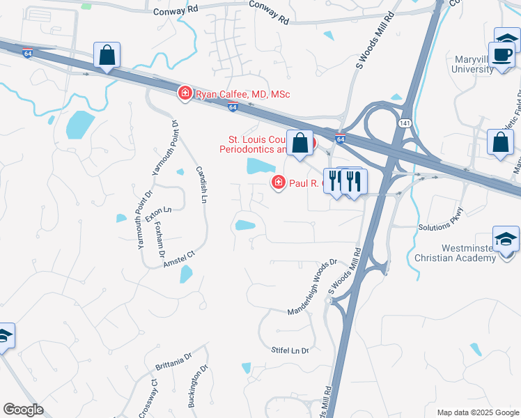 map of restaurants, bars, coffee shops, grocery stores, and more near 735 Willow Spring Hill Court in Chesterfield
