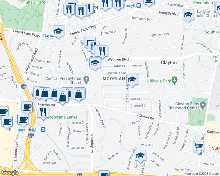 map of restaurants, bars, coffee shops, grocery stores, and more near 7569 Oxford Drive in Clayton