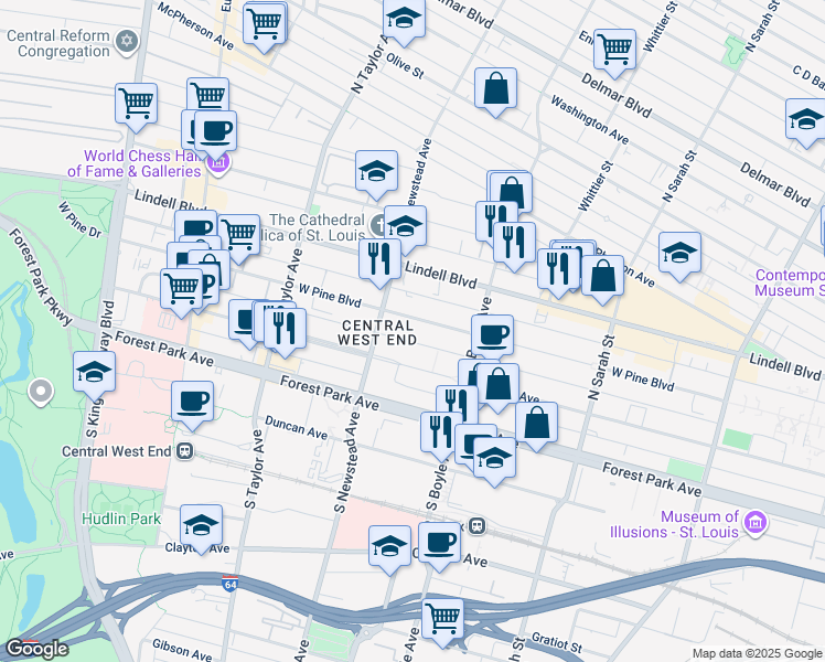 map of restaurants, bars, coffee shops, grocery stores, and more near 4364 West Pine Boulevard in St. Louis