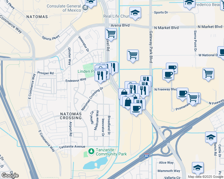 map of restaurants, bars, coffee shops, grocery stores, and more near 3711 Truxel Road in Sacramento