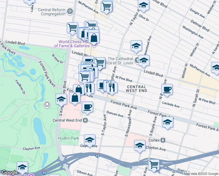map of restaurants, bars, coffee shops, grocery stores, and more near North Taylor Avenue & Laclede Avenue in St. Louis