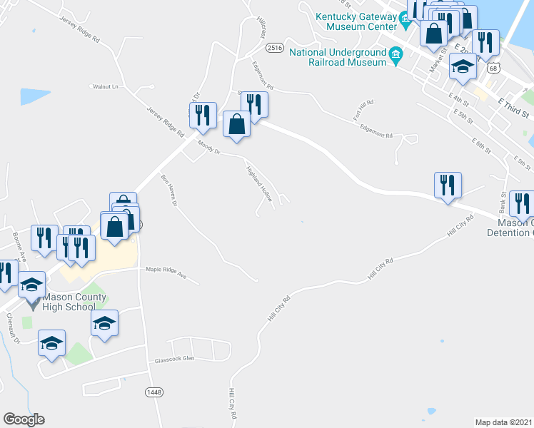 map of restaurants, bars, coffee shops, grocery stores, and more near 70 Highland Hollow in Maysville