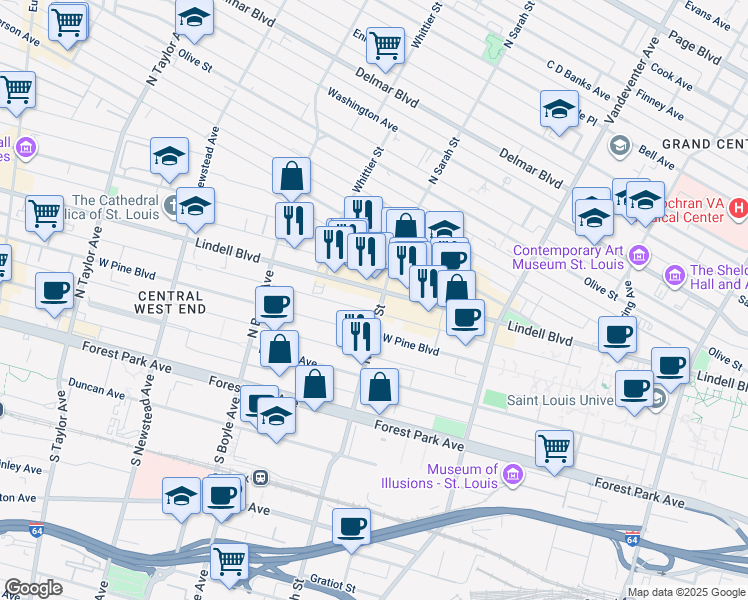 map of restaurants, bars, coffee shops, grocery stores, and more near in St. Louis