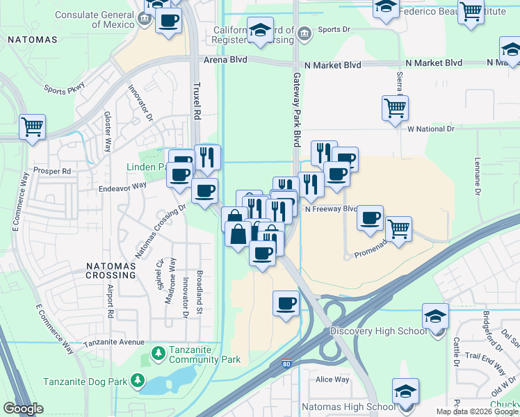 map of restaurants, bars, coffee shops, grocery stores, and more near 3890 Truxel Road in Sacramento