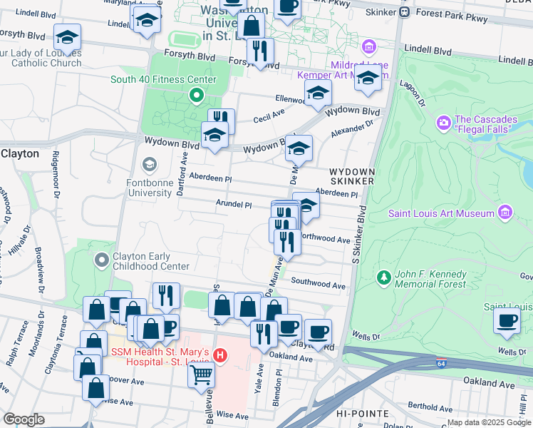 map of restaurants, bars, coffee shops, grocery stores, and more near 56 Arundel Place in Clayton