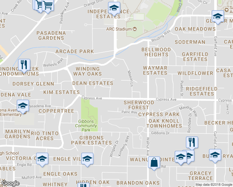 map of restaurants, bars, coffee shops, grocery stores, and more near 4909 Cypress Avenue in Carmichael