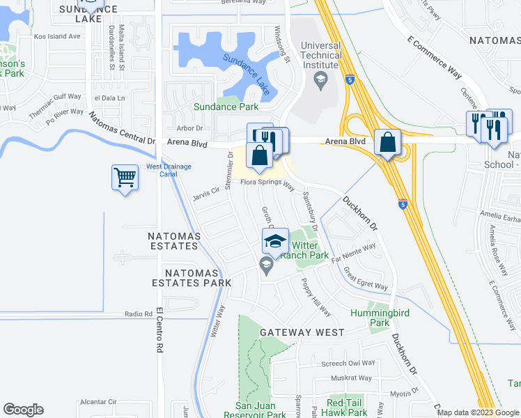 map of restaurants, bars, coffee shops, grocery stores, and more near 100 Groth Circle in Sacramento
