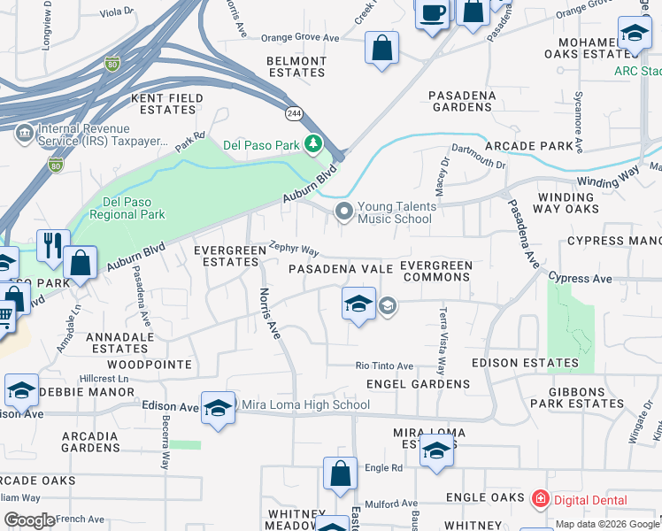 map of restaurants, bars, coffee shops, grocery stores, and more near 4240 Zephyr Way in Sacramento