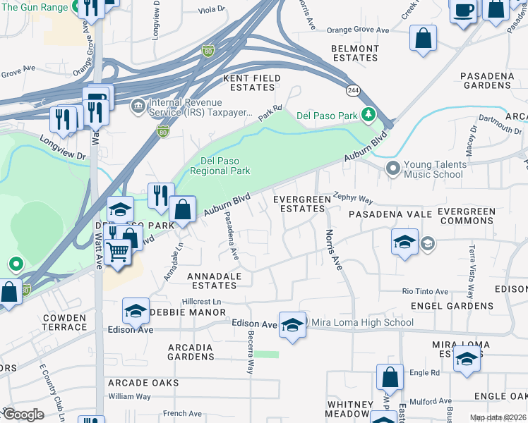 map of restaurants, bars, coffee shops, grocery stores, and more near 4137 Beresford Way in Sacramento