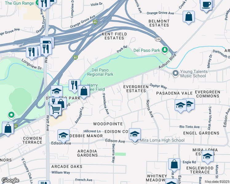 map of restaurants, bars, coffee shops, grocery stores, and more near 3858 Auburn Boulevard in Sacramento