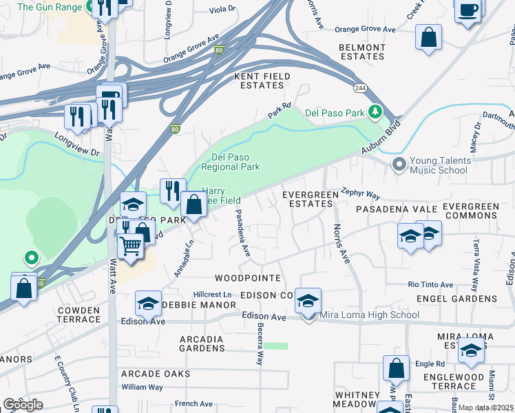 map of restaurants, bars, coffee shops, grocery stores, and more near 3858 Auburn Boulevard in Sacramento