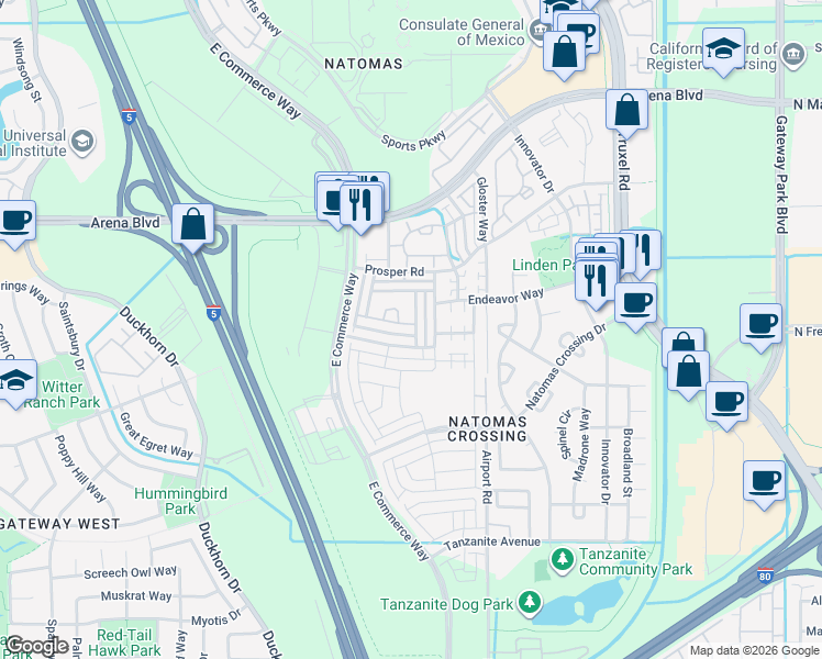 map of restaurants, bars, coffee shops, grocery stores, and more near 3923 Samuelson Way in Sacramento