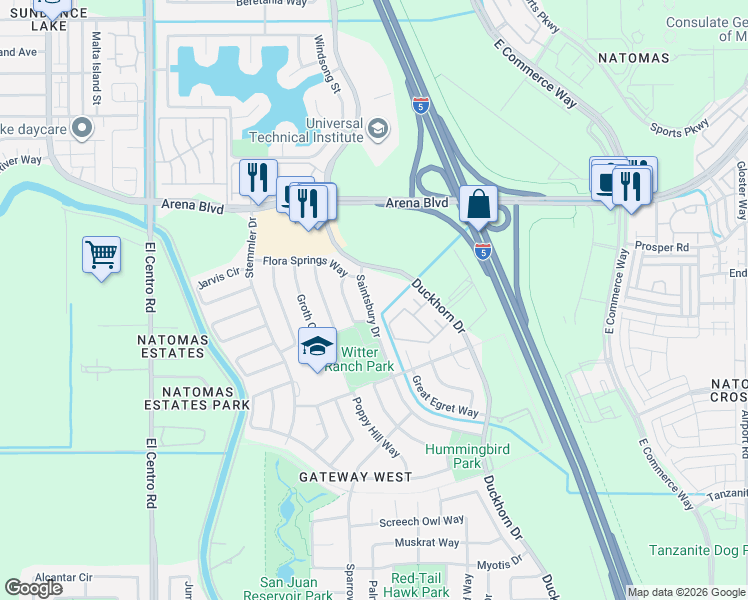 map of restaurants, bars, coffee shops, grocery stores, and more near 3880 Saintsbury Drive in Sacramento