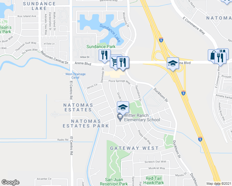 map of restaurants, bars, coffee shops, grocery stores, and more near 100 Groth Circle in Sacramento
