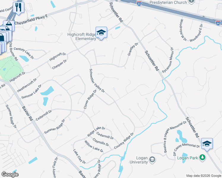 map of restaurants, bars, coffee shops, grocery stores, and more near 15446 Clover Ridge Drive in Chesterfield